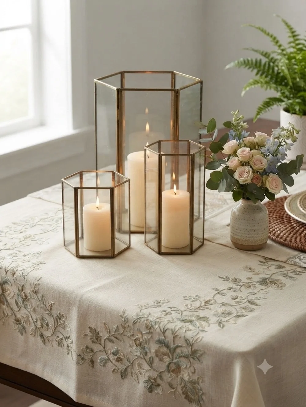 Set of 3 Hexagonal Glass and gold Metal hurricane candle holders